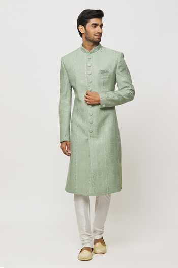Buy Arihant Rai Sinha Green Silk, Faux Leather Sequins Canna Bloom Embroidered Sherwani Set Online at Aza Fashions Buy_Arihant Rai Sinha_Green Silk, Faux Leather Sequins Canna Bloom Embroidered Sherwani Set _Online_at_Aza_Fashions