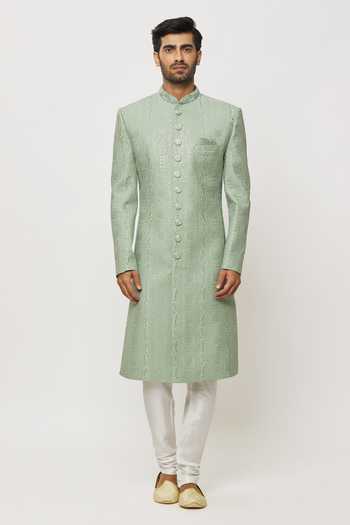 Shop Arihant Rai Sinha Green Silk, Faux Leather Sequins Canna Bloom Embroidered Sherwani Set Online at Aza Fashions Shop_Arihant Rai Sinha_Green Silk, Faux Leather Sequins Canna Bloom Embroidered Sherwani Set _Online_at_Aza_Fashions