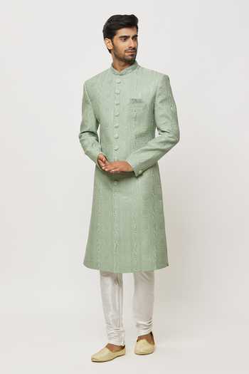 Arihant Rai Sinha Green Silk, Faux Leather Sequins Canna Bloom Embroidered Sherwani Set at Aza Fashions Arihant Rai Sinha_Green Silk, Faux Leather Sequins Canna Bloom Embroidered Sherwani Set _at_Aza_Fashions