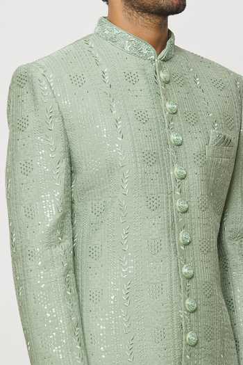 Buy Arihant Rai Sinha Green Silk, Faux Leather Sequins Canna Bloom Embroidered Sherwani Set Buy_Arihant Rai Sinha_Green Silk, Faux Leather Sequins Canna Bloom Embroidered Sherwani Set