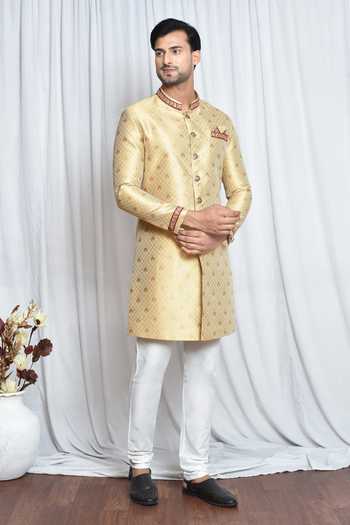 Buy_Arihant Rai Sinha_Gold Jacquard, Polyester Lace, Diamonds Woven Sherwani Set 