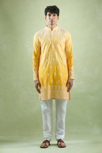Arihant Rai Sinha_Yellow Cotton, Silk Embroidery Ombre Floral Kurta Set _Online_at_Aza_Fashions