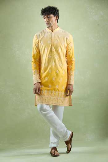 Buy_Arihant Rai Sinha_Yellow Cotton, Silk Embroidery Ombre Floral Kurta Set _Online_at_Aza_Fashions