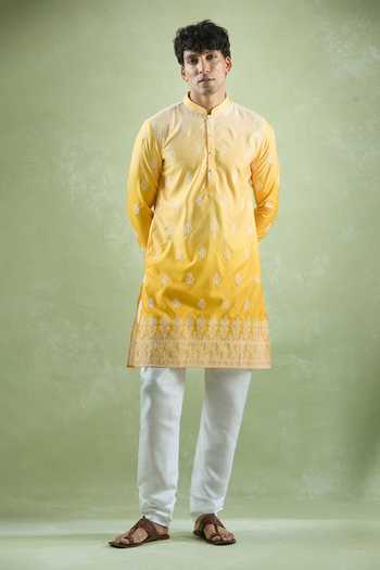Shop_Arihant Rai Sinha_Yellow Cotton, Silk Embroidery Ombre Floral Kurta Set _Online_at_Aza_Fashions