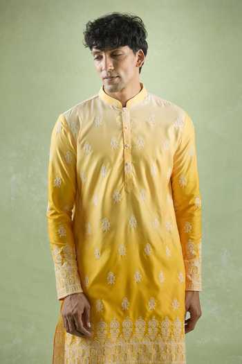 Arihant Rai Sinha_Yellow Cotton, Silk Embroidery Ombre Floral Kurta Set _at_Aza_Fashions