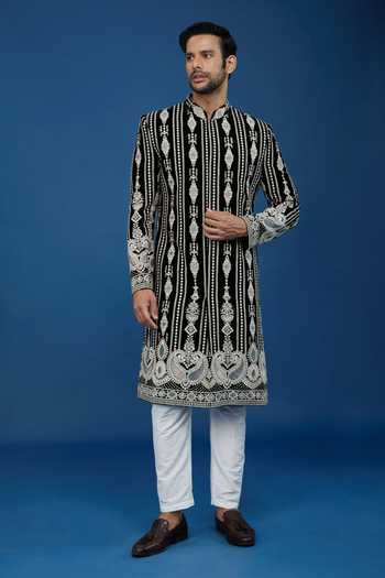 Arihant Rai Sinha_Black Velvet, Polyester, Viscose Embroidery, Sequins Dori Sherwani Set_Online_at_Aza_Fashions