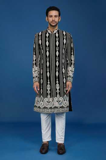 Shop_Arihant Rai Sinha_Black Velvet, Polyester, Viscose Embroidery, Sequins Dori Sherwani Set_Online_at_Aza_Fashions