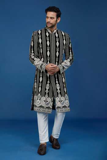 Arihant Rai Sinha_Black Velvet, Polyester, Viscose Embroidery, Sequins Dori Sherwani Set_at_Aza_Fashions
