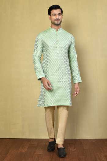 Buy_Arihant Rai Sinha_Green Jacquard, Cotton Embroidery Full Sleeve Woven Kurta Set 
