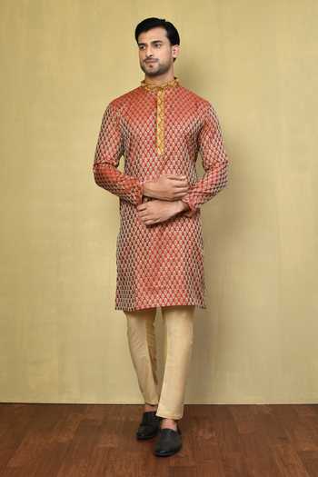 Buy Arihant Rai Sinha Red Cotton, Jacquard Abstract Pattern Kurta With Pyjama Buy_Arihant Rai Sinha_Red Cotton, Jacquard Abstract Pattern Kurta With Pyjama