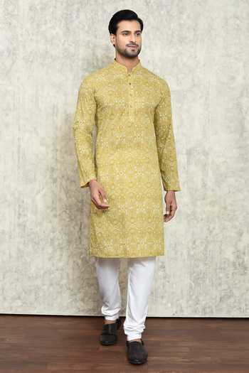 Buy_Arihant Rai Sinha_Yellow Cotton, Polyester Embroidery Floral Print Kurta And Pant Set 