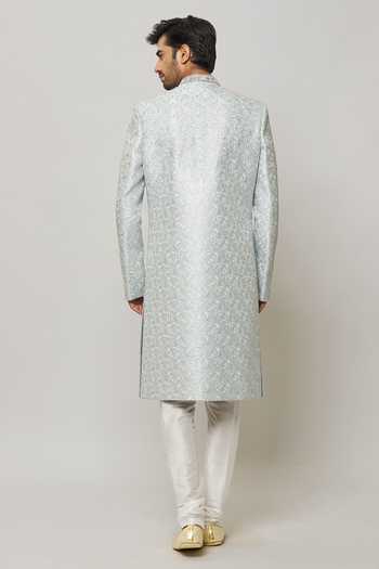 Shop Arihant Rai Sinha Grey Silk, Cotton, Chanderi Crystals, Sequins Embellished Sherwani With Churidar at Aza Fashions Shop_Arihant Rai Sinha_Grey Silk, Cotton, Chanderi Crystals, Sequins Embellished Sherwani With Churidar _at_Aza_Fashions