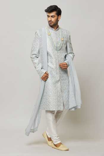 Buy Arihant Rai Sinha Grey Silk, Cotton, Chanderi Crystals, Sequins Embellished Sherwani With Churidar Online at Aza Fashions Buy_Arihant Rai Sinha_Grey Silk, Cotton, Chanderi Crystals, Sequins Embellished Sherwani With Churidar _Online_at_Aza_Fashions