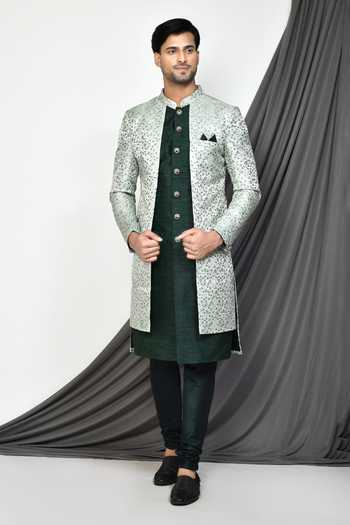 Buy_Arihant Rai Sinha_Green Silk, Jacquard Embroidery Blossomy Layered Sherwani 