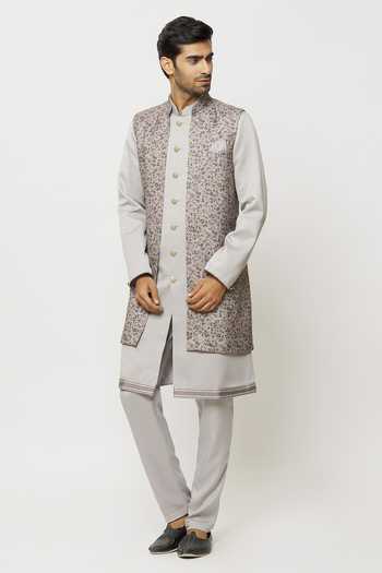 Arihant Rai Sinha Grey Silk Printed Jacket Aligadi Pant Set Online at Aza Fashions Arihant Rai Sinha_Grey Silk Printed Jacket Aligadi Pant Set _Online_at_Aza_Fashions