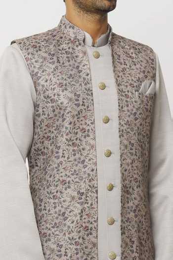 Arihant Rai Sinha Grey Silk Printed Jacket Aligadi Pant Set at Aza Fashions Arihant Rai Sinha_Grey Silk Printed Jacket Aligadi Pant Set _at_Aza_Fashions