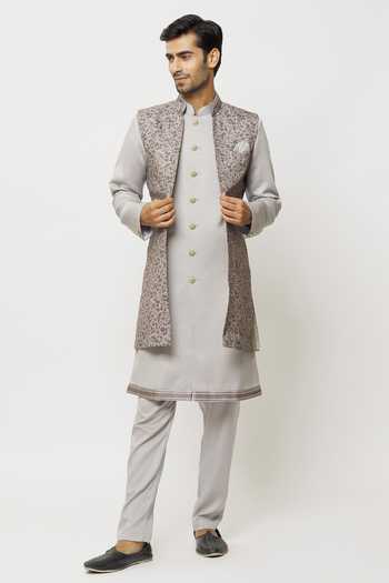 Shop Arihant Rai Sinha Grey Silk Printed Jacket Aligadi Pant Set Shop_Arihant Rai Sinha_Grey Silk Printed Jacket Aligadi Pant Set