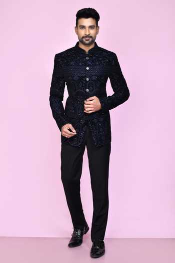 Arihant Rai Sinha_Blue Velvet, Faux Leather Sequins, Embroidery Thread Work Bandhgala _at_Aza_Fashions
