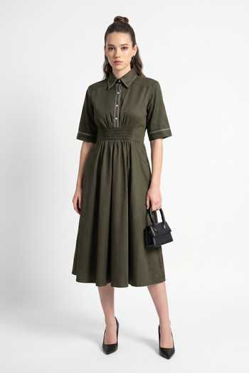 Escape By Aishwarya Ruching Cotton Satin Midi Dress 
