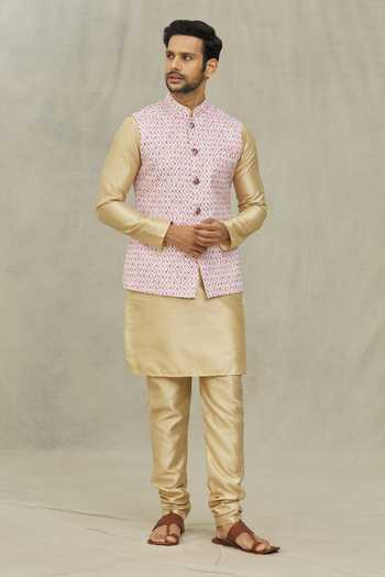 Shop_Arihant Rai Sinha_Pink Cotton, Silk Embroidery Checkered Print Bundi And Kurta Set 