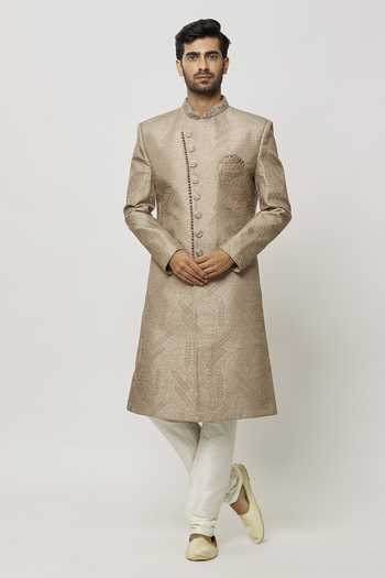 Buy_Arihant Rai Sinha_Brown Silk, Faux Leather Sequins Boston Ivy Embroidered Sherwani Set 