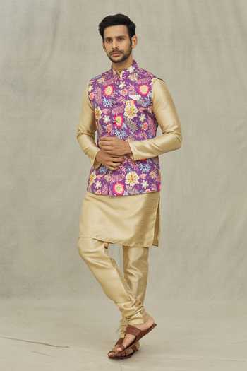 Shop_Arihant Rai Sinha_Gold Silk, Cotton Florette Print Bundi And Kurta Set 