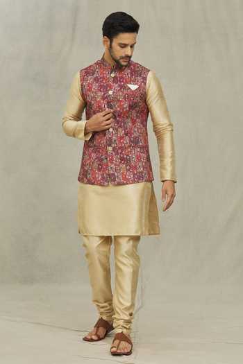 Shop_Arihant Rai Sinha_Maroon Cotton, Silk Embroidery Flower Woven Bundi And Kurta Set 