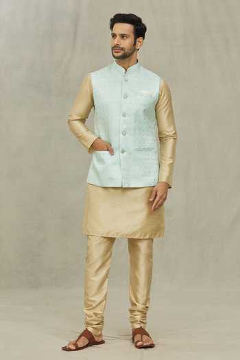 Shop_Arihant Rai Sinha_Blue Jacquard, Silk Geometric Woven Bundi And Kurta Set 