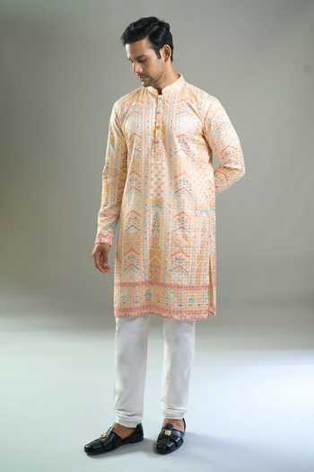 Buy_Arihant Rai Sinha_Cream Cotton Embroidery, Sequins, Metallic Thread Kurta And Churidar Set _Online_at_Aza_Fashions