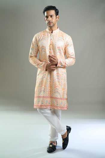Shop_Arihant Rai Sinha_Cream Cotton Embroidery, Sequins, Metallic Thread Kurta And Churidar Set _Online_at_Aza_Fashions