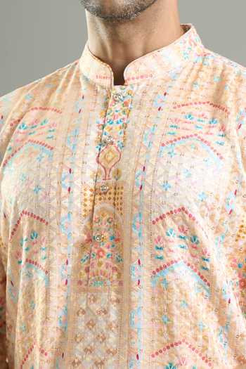 Arihant Rai Sinha_Cream Cotton Embroidery, Sequins, Metallic Thread Kurta And Churidar Set _at_Aza_Fashions