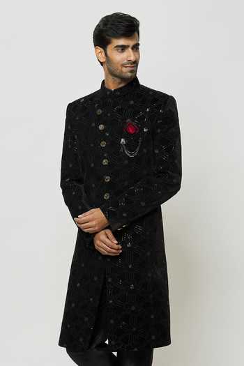 Buy Arihant Rai Sinha Black Velvet, Faux Leather, Silk Sequins, Mandarin Collar Sherwani And Pant Set at Aza Fashions Buy_Arihant Rai Sinha_Black Velvet, Faux Leather, Silk Sequins, Mandarin Collar Sherwani And Pant Set _at_Aza_Fashions