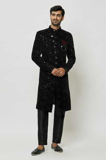 Buy Arihant Rai Sinha Black Velvet, Faux Leather, Silk Sequins, Mandarin Collar Sherwani And Pant Set Buy_Arihant Rai Sinha_Black Velvet, Faux Leather, Silk Sequins, Mandarin Collar Sherwani And Pant Set
