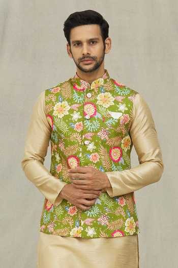 Arihant Rai Sinha Bloom Print Bundi & Gold Kurta Set 
