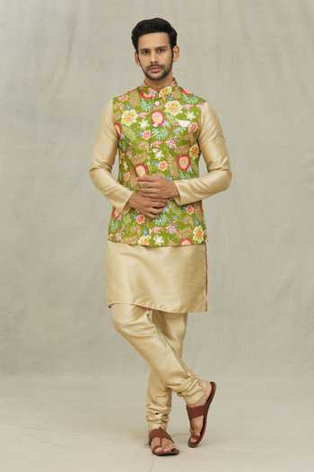 Shop Arihant Rai Sinha Gold Silk, Cotton Embroidery Bloom Print Bundi And Kurta Set Shop_Arihant Rai Sinha_Gold Silk, Cotton Embroidery Bloom Print Bundi And Kurta Set