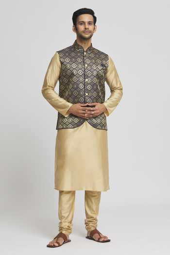 Shop_Arihant Rai Sinha_Blue Brocade, Silk Embroidery Navy Woven Geometric Bundi Kurta Set 