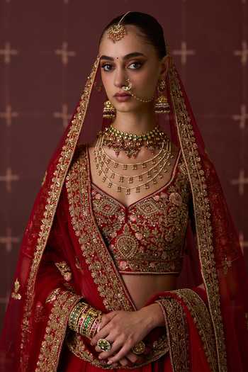 Buy ANGAD SINGH Red Silk Sweetheart Neck Mehr Raw Bridal Lehenga Set Buy_ANGAD SINGH_Red Silk Sweetheart Neck Mehr Raw Bridal Lehenga Set