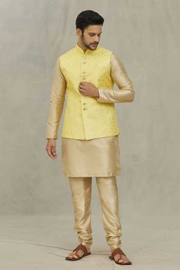 Shop Arihant Rai Sinha Yellow Silk Sequins, Embroidery Bundi And Kurta Set Shop_Arihant Rai Sinha_Yellow Silk Sequins, Embroidery Bundi And Kurta Set