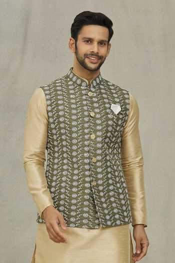 Arihant Rai Sinha Floral Thread Embroidered Olive Green Bundi 