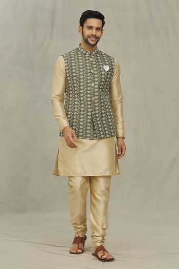 Shop Arihant Rai Sinha Green Silk Embroidery Floral Thread Olive Bundi Shop_Arihant Rai Sinha_Green Silk Embroidery Floral Thread Olive Bundi