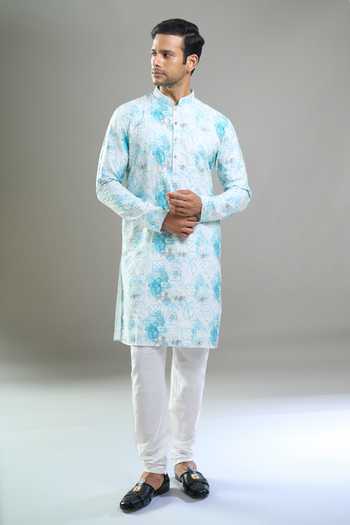 Shop_Arihant Rai Sinha_Blue Cotton, Polyester, Viscose Embroidery, Sequins, Metallic Pattern Kurta Set _Online_at_Aza_Fashions