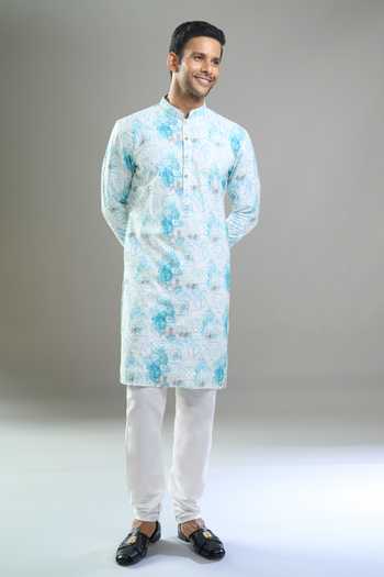 Arihant Rai Sinha_Blue Cotton, Polyester, Viscose Embroidery, Sequins, Metallic Pattern Kurta Set _at_Aza_Fashions