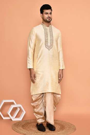 Shop_Arihant Rai Sinha_Beige Silk Embroidery Floral Placket Kurta With Dhoti Pant _Online_at_Aza_Fashions