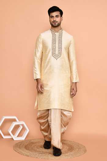 Arihant Rai Sinha_Beige Silk Embroidery Floral Placket Kurta With Dhoti Pant _at_Aza_Fashions