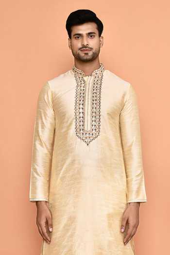 Buy_Arihant Rai Sinha_Beige Silk Embroidery Floral Placket Kurta With Dhoti Pant 
