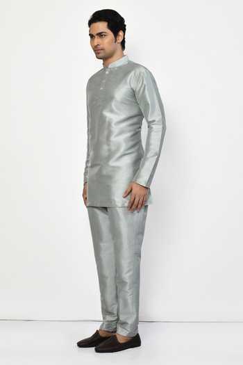 Arihant Rai Sinha_Grey Silk, Cotton Solid Full Sleeve Kurta With Pant _Online_at_Aza_Fashions