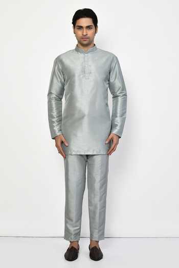 Buy_Arihant Rai Sinha_Grey Silk, Cotton Solid Full Sleeve Kurta With Pant _Online_at_Aza_Fashions