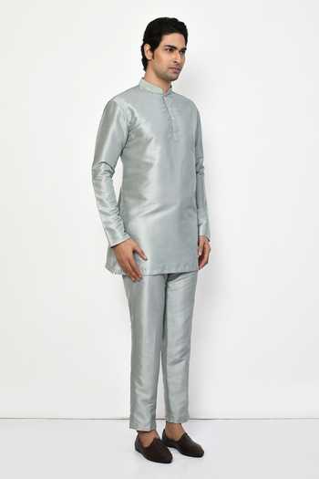 Arihant Rai Sinha_Grey Silk, Cotton Solid Full Sleeve Kurta With Pant _at_Aza_Fashions