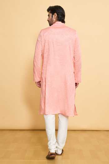 Shop Arihant Rai Sinha Pink Polyester, Cotton Embroidery Geometric Woven Pattern Kurta And Churidar Set at Aza Fashions Shop_Arihant Rai Sinha_Pink Polyester, Cotton Embroidery Geometric Woven Pattern Kurta And Churidar Set _at_Aza_Fashions