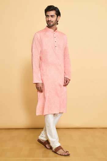 Arihant Rai Sinha Pink Polyester, Cotton Embroidery Geometric Woven Pattern Kurta And Churidar Set at Aza Fashions Arihant Rai Sinha_Pink Polyester, Cotton Embroidery Geometric Woven Pattern Kurta And Churidar Set _at_Aza_Fashions